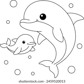 Cute kawaii dolphin and baby cartoon character coloring page vector illustration. Sea animal, mothers day colouring page for kids