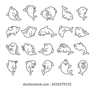 Cute kawaii dolphin in different poses. Coloring Page. Funny cartoon marine character. Hand drawn style. Vector drawing. Collection of design elements.