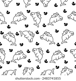 Cute kawaii dolphin in different poses. Seamless pattern. Coloring Page. Funny cartoon marine character. Hand drawn style. Vector drawing. Design ornaments.