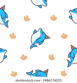 Cute kawaii dolphin in different poses. Seamless pattern. Funny cartoon marine character. Hand drawn style. Vector drawing. Design ornaments.