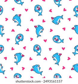 Cute kawaii dolphin in different poses. Seamless pattern. Funny cartoon marine character. Hand drawn style. Vector drawing. Design ornaments.