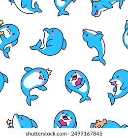 Cute kawaii dolphin in different poses. Seamless pattern. Funny cartoon marine character. Hand drawn style. Vector drawing. Design ornaments.