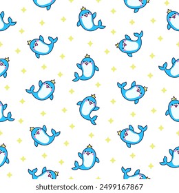 Cute kawaii dolphin in different poses. Seamless pattern. Funny cartoon marine character. Hand drawn style. Vector drawing. Design ornaments.