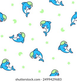 Cute kawaii dolphin in different poses. Seamless pattern. Funny cartoon marine character. Hand drawn style. Vector drawing. Design ornaments.