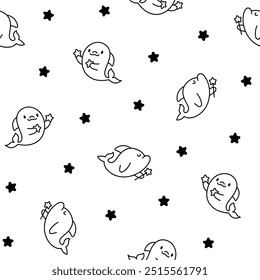 Cute kawaii dolphin in different poses. Seamless pattern. Coloring Page. Funny cartoon marine character. Hand drawn style. Vector drawing. Design ornaments.