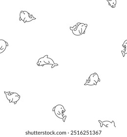Cute kawaii dolphin in different poses. Seamless pattern. Coloring Page. Funny cartoon marine character. Hand drawn style. Vector drawing. Design ornaments.