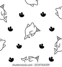 Cute kawaii dolphin in different poses. Seamless pattern. Coloring Page. Funny cartoon marine character. Hand drawn style. Vector drawing. Design ornaments.