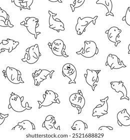 Cute kawaii dolphin in different poses. Seamless pattern. Coloring Page. Funny cartoon marine character. Hand drawn style. Vector drawing. Design ornaments.