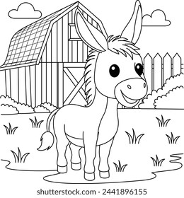 Cute kawaii donkey in the farm cartoon character coloring page vector illustration