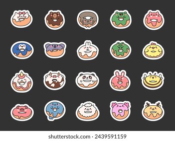 Cute kawaii donut with animal face. Sticker Bookmark. Cartoon funny food. Hand drawn style. Vector drawing. Collection of design elements.