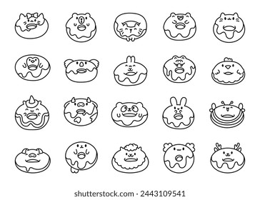 Cute kawaii donut with animal face. Coloring Page. Cartoon funny food. Hand drawn style. Vector drawing. Collection of design elements.