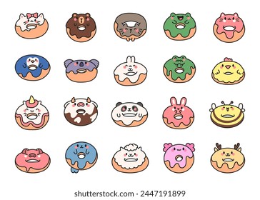 Cute kawaii donut with animal face. Cartoon funny food. Hand drawn style. Vector drawing. Collection of design elements.