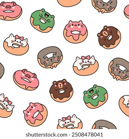 Cute kawaii donut with animal face. Seamless pattern. Cartoon funny food. Hand drawn style. Vector drawing. Design ornaments.