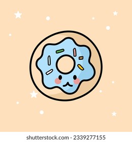 Cute Kawaii Donut isolated on a brown background. Vector - Illustration.