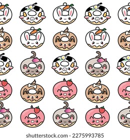 Cute kawaii donut in shape of domestic animals cow cat dog rabbit pig