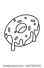 Cute Kawaii Donut. Vector Line Art Illustration. Charming vector line art illustration featuring a cute kawaii style donut, with delicate black lines on a clean white background.