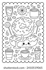 Cute kawaii donuts, coffee, sweets. Sweets, dessert. Cute coloring page for kids and adults, black and white vector illustration.