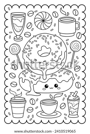 Cute kawaii donuts, coffee, sweets. Sweets, dessert. Cute coloring page for kids and adults, black and white vector illustration.