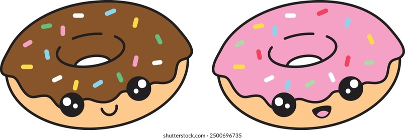 Cute kawaii donuts with simple lines and no gradients. Each image on separate layer. Vector illustration.