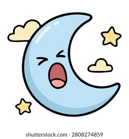 Cute kawaii doodle blue crescent moon character yawning wide with stars and clouds vector illustration