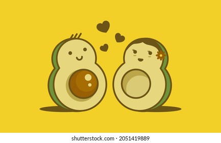 Cute Kawaii Doodle of Couple Avocado Falling in Love. Great to place on children or girl's t-shirt design.