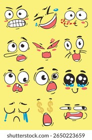Cute kawaii doodle emoji icon set with various funny facial expressions. Hand drawn cartoon vector clipart for sticker