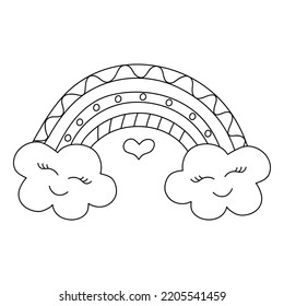 Cute kawaii doodle Regenbogen mit Wolken. Handgezeichnete Linie, Vektorgrafik.