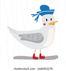 Cute kawaii, doodle - seagull in blue sailor hat isolated on white background, stock vector illustration for kids, cartoon flat marine background in scandinavian style for baby print, textile, fabric.