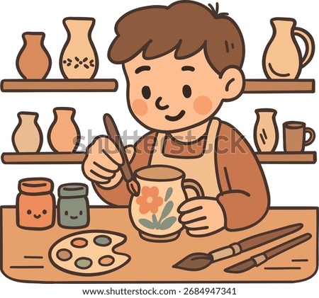 Cute kawaii doodle vector illustration of a ceramic artist boy painting a clay jug in a cozy workshop with brushes, paints and shelves of pottery. Cartoon handmade craft scene.
