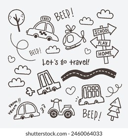 cute kawaii doodle vehicle illustration for kids travel 