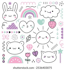Conjunto de garabatos kawaii lindo ilustración de dibujo de línea de Vector