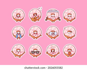 Cute and Kawaii Doughnut  Character Sticker Illustration Set With Various Activity and Happy Expression for mascot badge