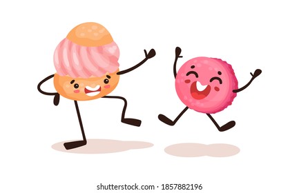 Cute Kawaii Doughnut and Pastry with Face and Arms Vector Set