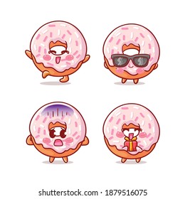 Cute and Kawaii Doughnut Sticker Illustration Set With Various Activity and Expression (happy, hooray, wear sunglasses, fearful, give present) for mascot