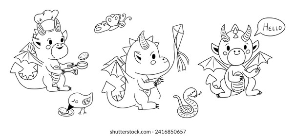 Cute kawaii dragon baby. Hand drawn doodle set. Sketch outline fantastic animals with friends, kite, baking pan. Contour childish concept illustration. Ideal for coloring pages, tattoo, pattern