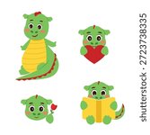 Cute Kawaii Dragon Character – Reading Book, Holding Rose and Heart