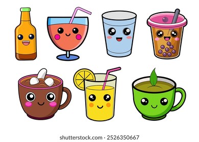 Cute kawaii drinks. Happy smiling characters with eyes - beer, coffee, bubble tea, matcha, lemonade, water, cocktail. 