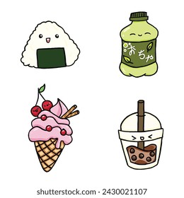 cute kawaii drinks and snacks illustration