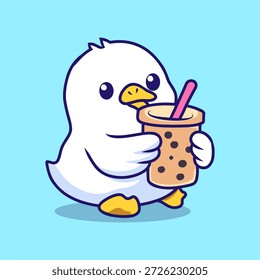 Bonito Kawaii Pato Bebendo Bolha Chá Boba Personagem Desenho Animado Ilustração Vetor