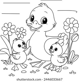 Cute kawaii duck family cartoon character coloring page vector illustration, Mothers day colouring page for kids