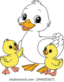 Nette Kawaii Ente Familie Cartoon Figur Färbung Seite Vektorillustration, Muttertag Färbung Seite für Kinder