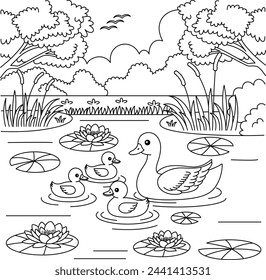 Cute kawaii a duck family is swimming in a tranquil pond cartoon character coloring page vector illustration