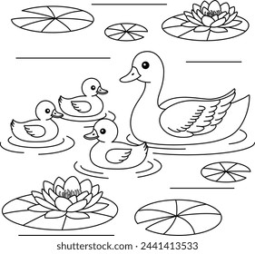 Lindo kawaii una familia de patos está nadando en un estanque tranquilo personaje de dibujos animados para colorear ilustración vectorial de página