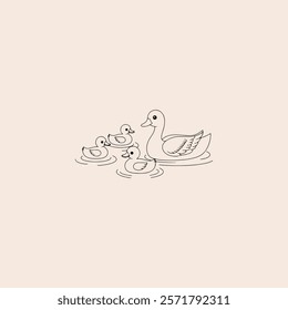 Cute kawaii a duck family is swimming in a tranquil pond cartoon icon flat vector design.