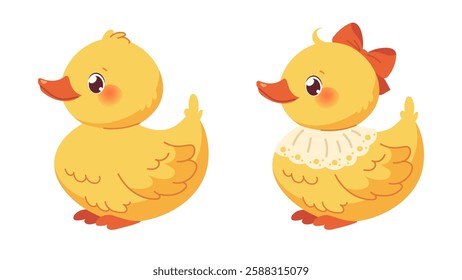 Cute kawaii duck on white background. Duckling boy and girl for babies, baby showers, kids products design. Vector cartoon character