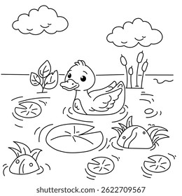 Cute Kawaii Duck Swimming in River – Cartoon Coloring Page Vector Illustration for Kids