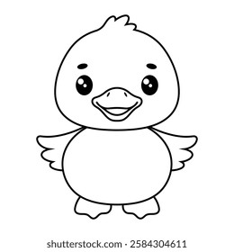 Cute kawaii duck vector illustration. Adorable baby duck outline drawing. Cartoon animal for kids coloring book and design projects.