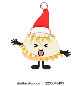 Cute kawaii dumpling with Santa Claus hat, garland with lights, eyes, smile emoji, hands and legs. 