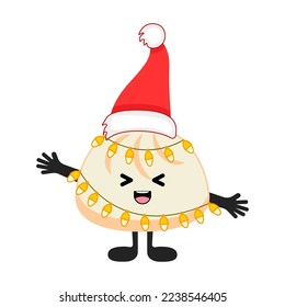 Cute kawaii dumpling with Santa Claus hat, garland with lights, eyes, smile emoji, hands and legs. 
