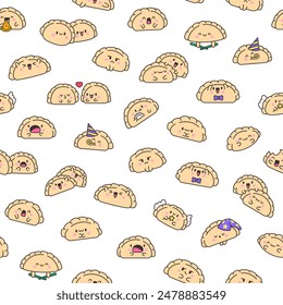Bonita bola de masa kawaii. Patrón sin costuras. Dibujos animados de personajes de comida china. Estilo dibujado a mano. Dibujo de Vector. Diseñar adornos.
